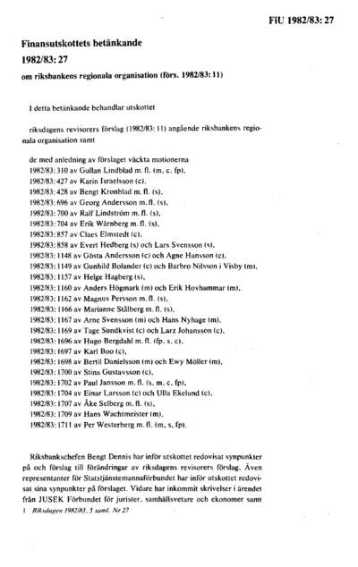 Omslaget till bet. 1982/83:FiU27
