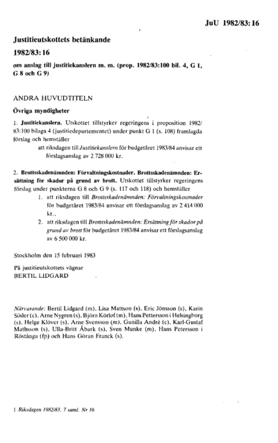 Omslaget till bet. 1982/83:JuU16