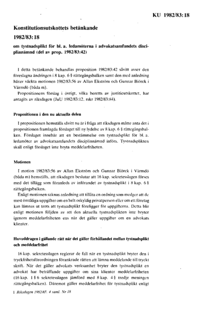 Omslaget till bet. 1982/83:KU18