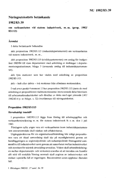 Omslaget till bet. 1982/83:NU39
