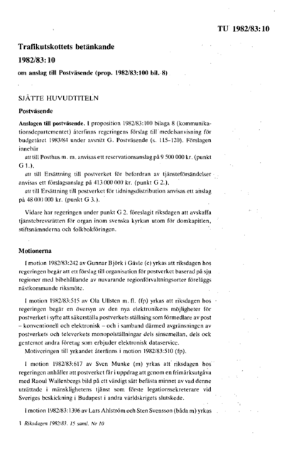 Omslaget till bet. 1982/83:TU10