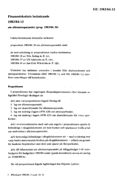 Omslaget till bet. 1983/84:FiU13