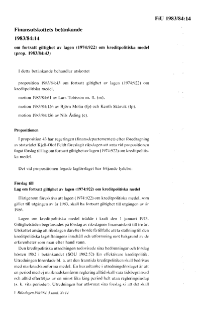 Omslaget till bet. 1983/84:FiU14