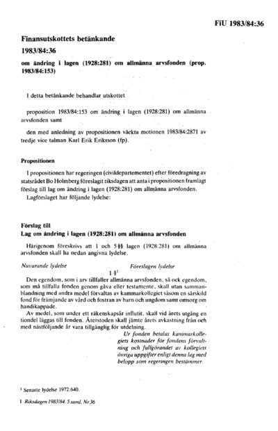 Omslaget till bet. 1983/84:FiU36
