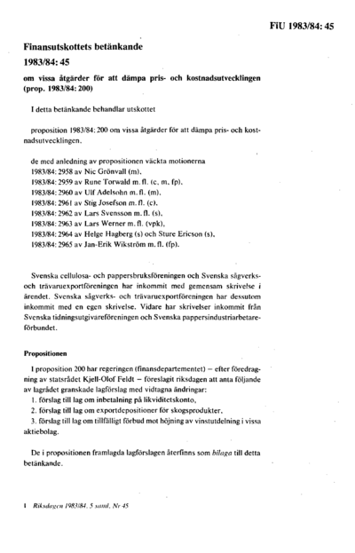 Omslaget till bet. 1983/84:FiU45