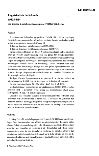Omslaget till bet. 1983/84:LU34
