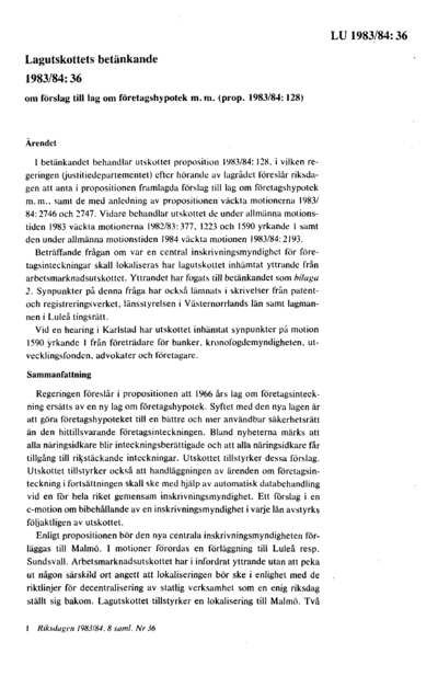 Omslaget till bet. 1983/84:LU36