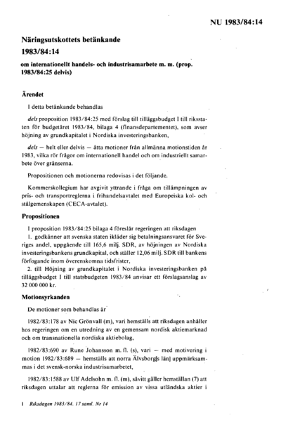 Omslaget till bet. 1983/84:NU14