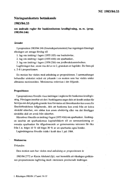 Omslaget till bet. 1983/84:NU33