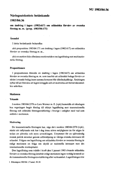 Omslaget till bet. 1983/84:NU36