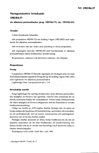 Omslaget till bet. 1983/84:NU37