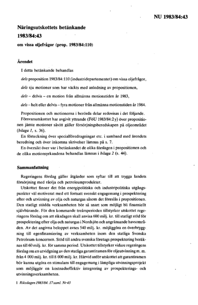 Omslaget till bet. 1983/84:NU43