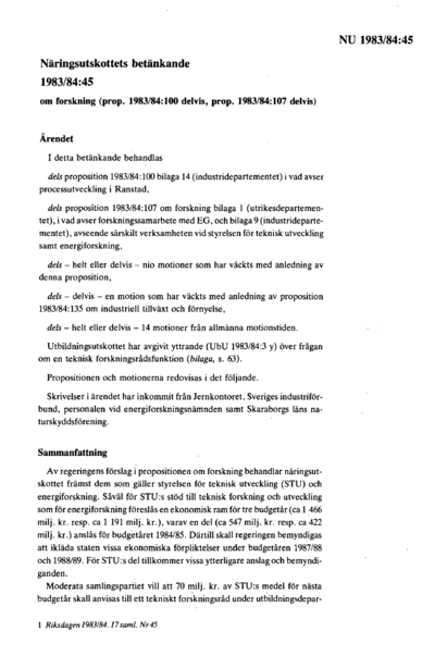 Omslaget till bet. 1983/84:NU45