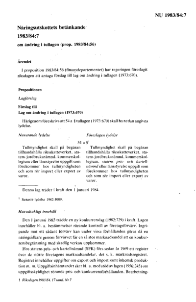 Omslaget till bet. 1983/84:NU7
