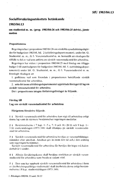 Omslaget till bet. 1983/84:SfU13
