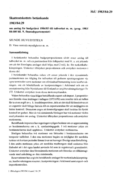 Omslaget till bet. 1983/84:SkU29