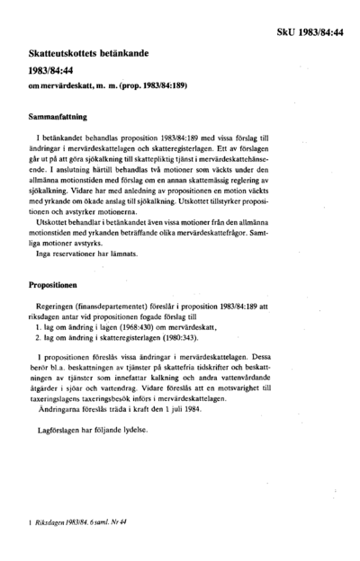 Omslaget till bet. 1983/84:SkU44
