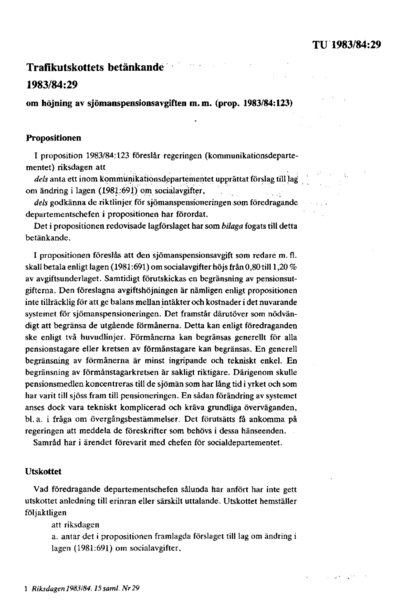 Omslaget till bet. 1983/84:TU29
