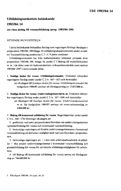 Omslaget till bet. 1983/84:UbU14
