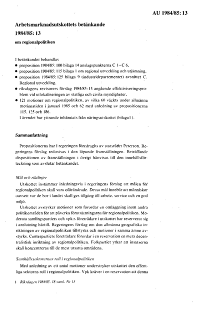 Omslaget till bet. 1984/85:AU13