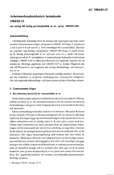 Omslaget till bet. 1984/85:AU15