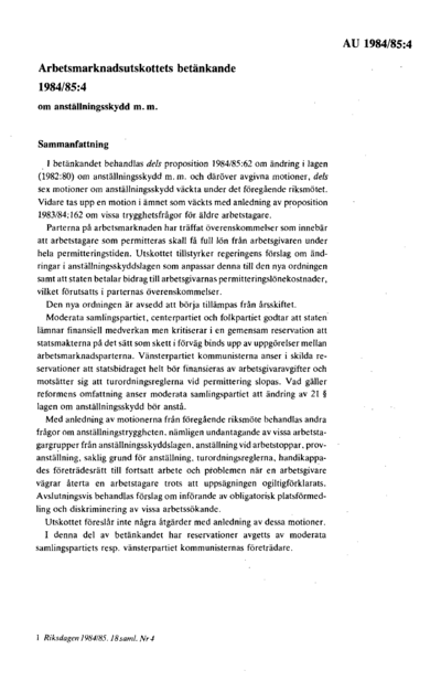 Omslaget till bet. 1984/85:AU4