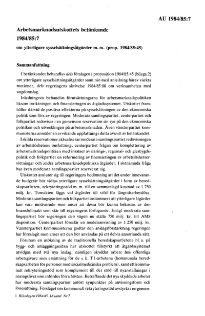 Omslaget till bet. 1984/85:AU7