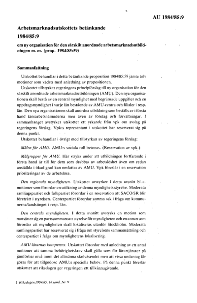 Omslaget till bet. 1984/85:AU9