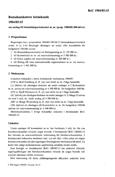 Omslaget till bet. 1984/85:BoU15