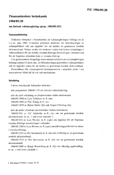 Omslaget till bet. 1984/85:FiU28