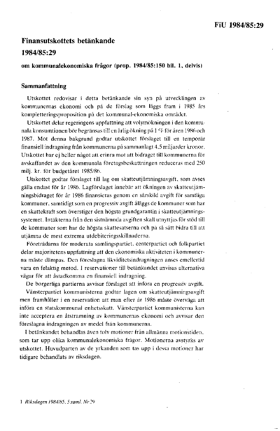 Omslaget till bet. 1984/85:FiU29