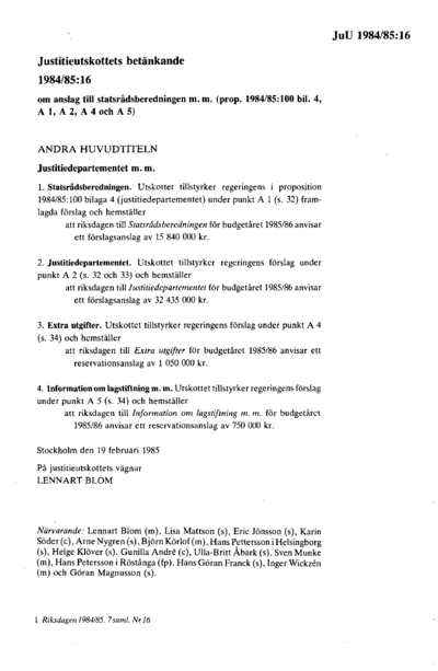 Omslaget till bet. 1984/85:JuU16