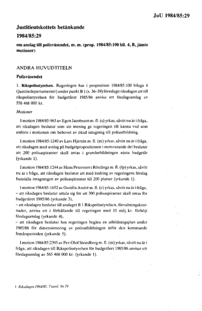 Omslaget till bet. 1984/85:JuU29