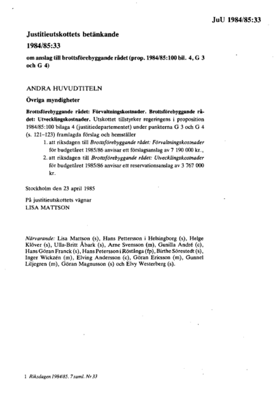 Omslaget till bet. 1984/85:JuU33