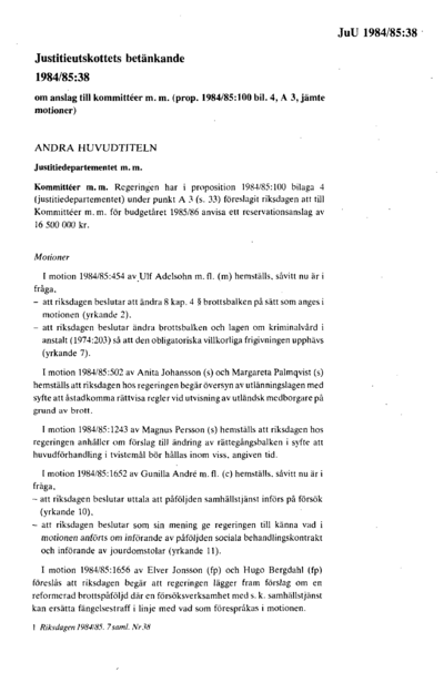 Omslaget till bet. 1984/85:JuU38