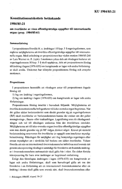 Omslaget till bet. 1984/85:KU21