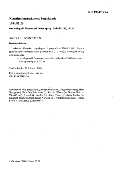Omslaget till bet. 1984/85:KU26