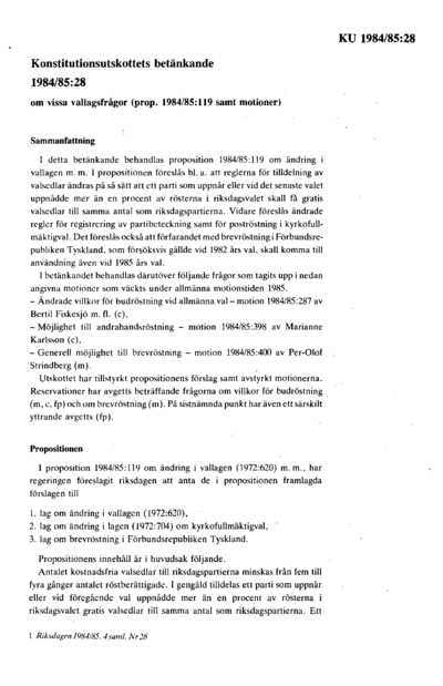 Omslaget till bet. 1984/85:KU28