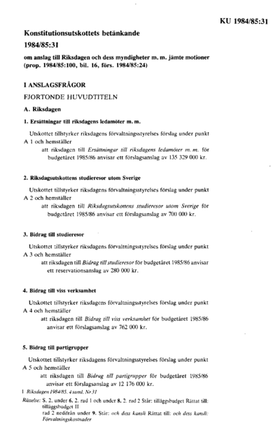 Omslaget till bet. 1984/85:KU31