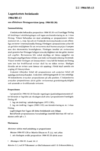 Omslaget till bet. 1984/85:LU13