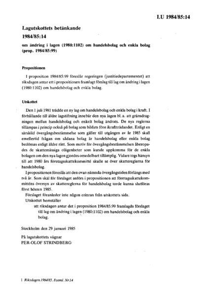 Omslaget till bet. 1984/85:LU14