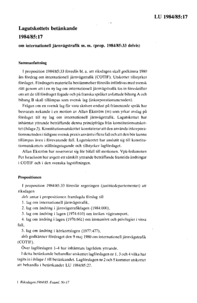 Omslaget till bet. 1984/85:LU17