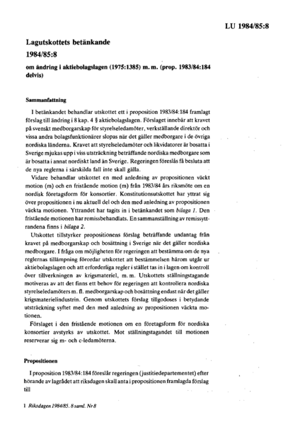 Omslaget till bet. 1984/85:LU8