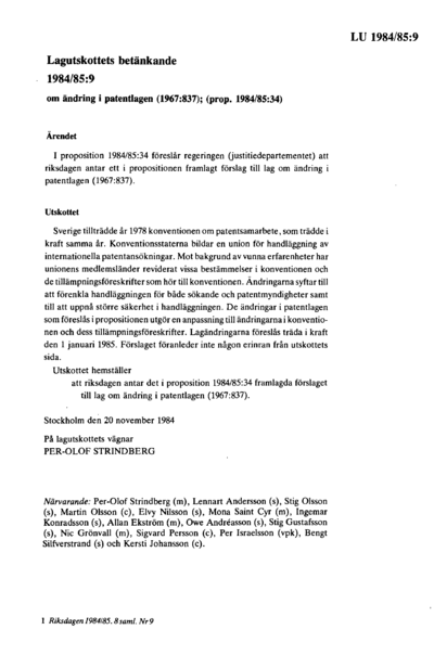 Omslaget till bet. 1984/85:LU9