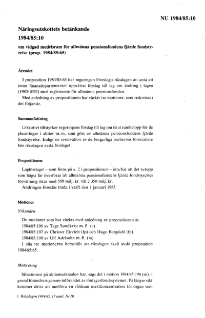 Omslaget till bet. 1984/85:NU10