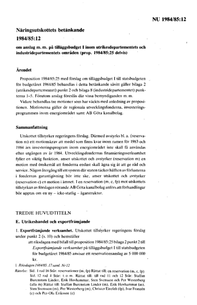 Omslaget till bet. 1984/85:NU12