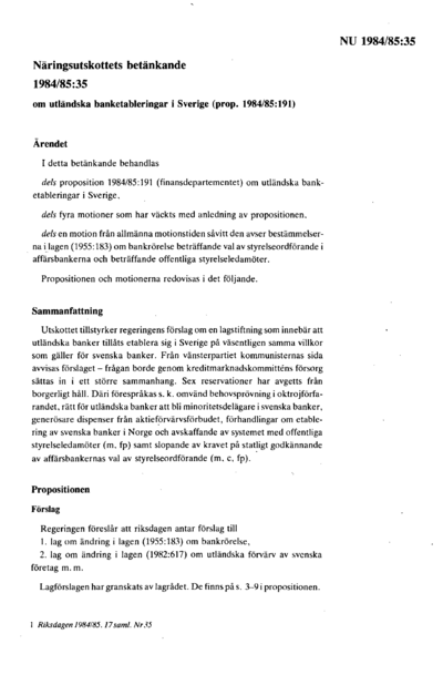 Omslaget till bet. 1984/85:NU35