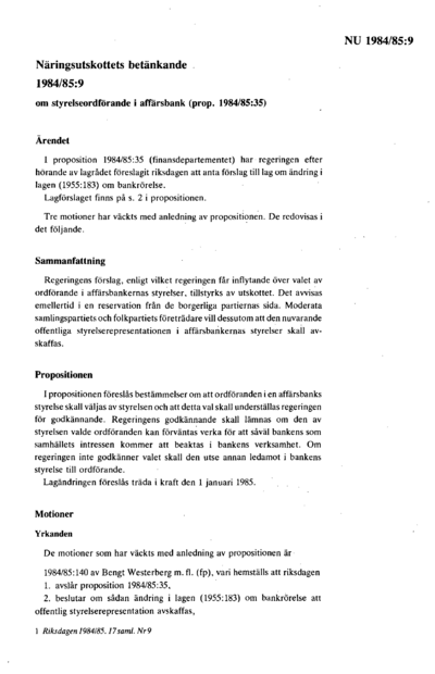 Omslaget till bet. 1984/85:NU9