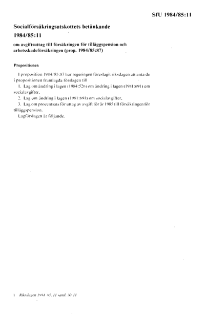 Omslaget till bet. 1984/85:SfU11