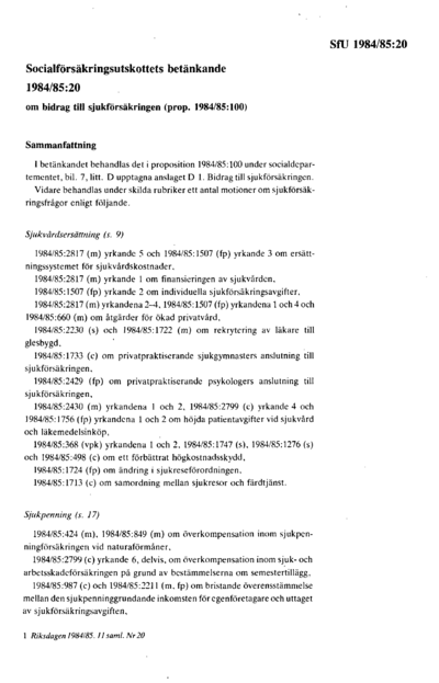 Omslaget till bet. 1984/85:SfU20